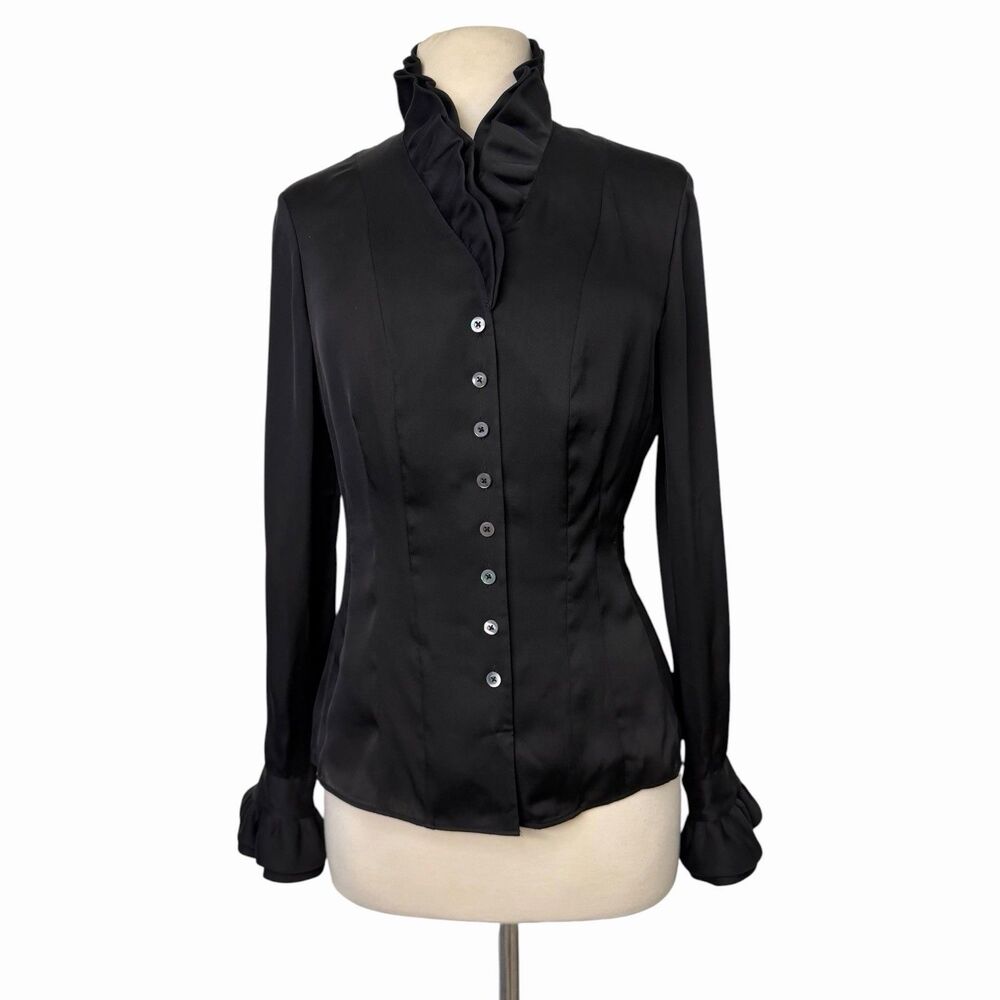 Brooks Brothers Black 100% Silk Ruffle Neck Blouse Gothic Romantic Cuff Top 6